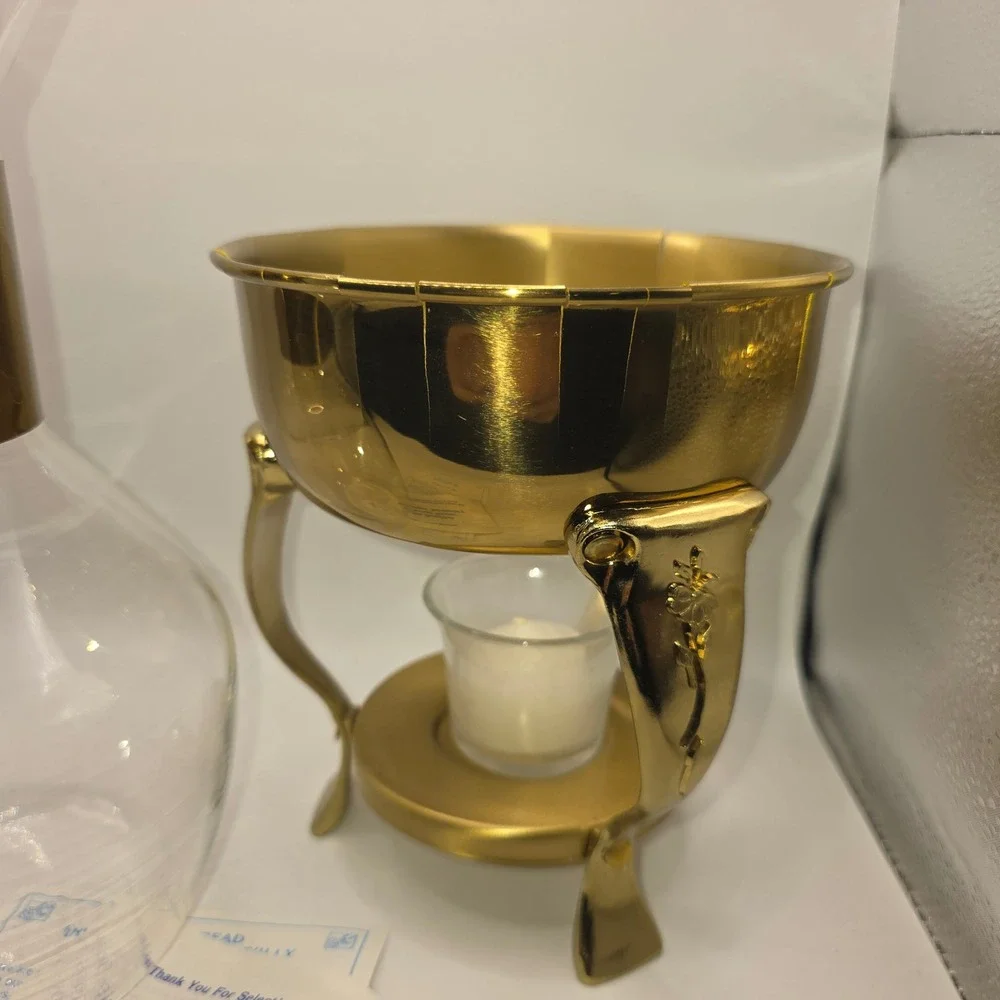 Princess House‎ Heritage Crystal Carafe with Gold Warming Stand Vintage 1985